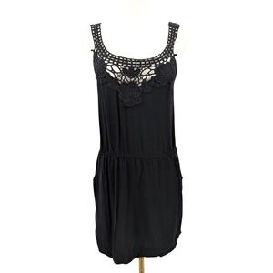 Imagine Voyage Black Crochet Lace Boho Mini Dress with Pockets Cottagecore Sz M